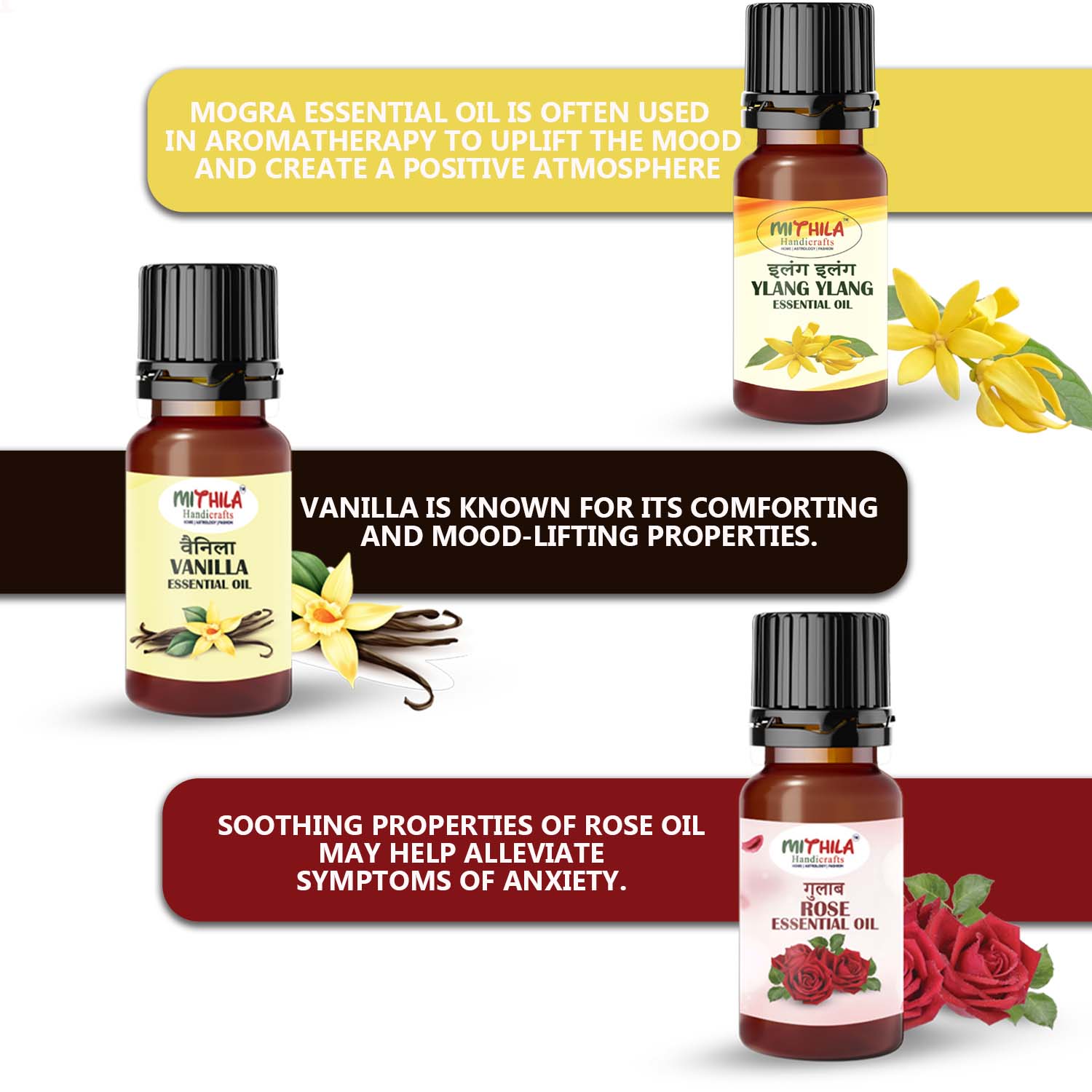 Essential Oil Ylang Ylang, Vanilla, Rose, Tea Tree, Orange, Eucalyptus, Pure & Natural-10ml Each (Pack of 6)