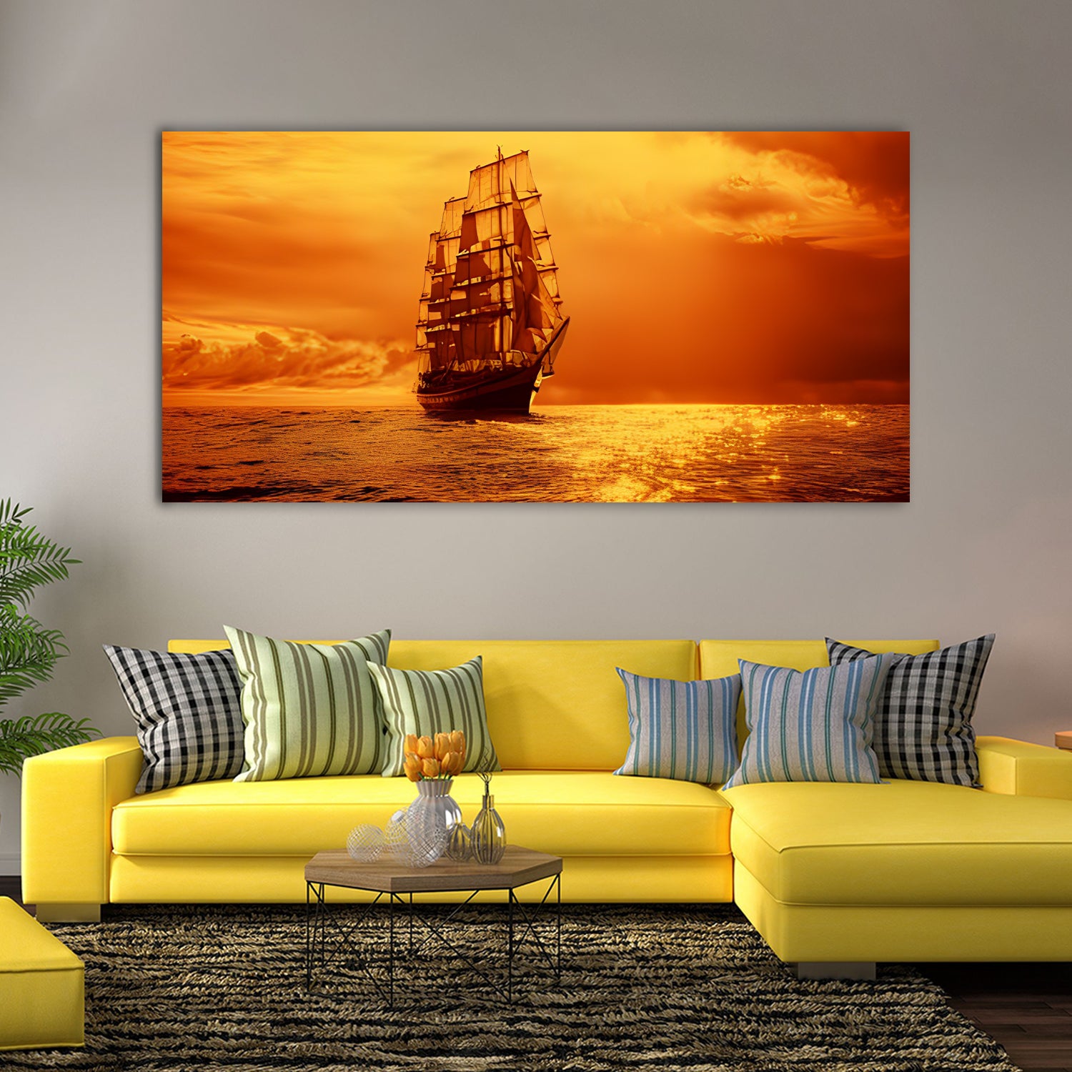 Sailing ship beautiful golden sunset Canvas Art Wall Painting.