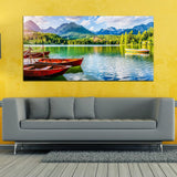 Green Forest with Mountain and Boat under River Canvas Wall Painting