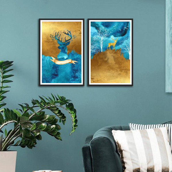 Deer in Forest Abstract Set of 2 Wall Frames