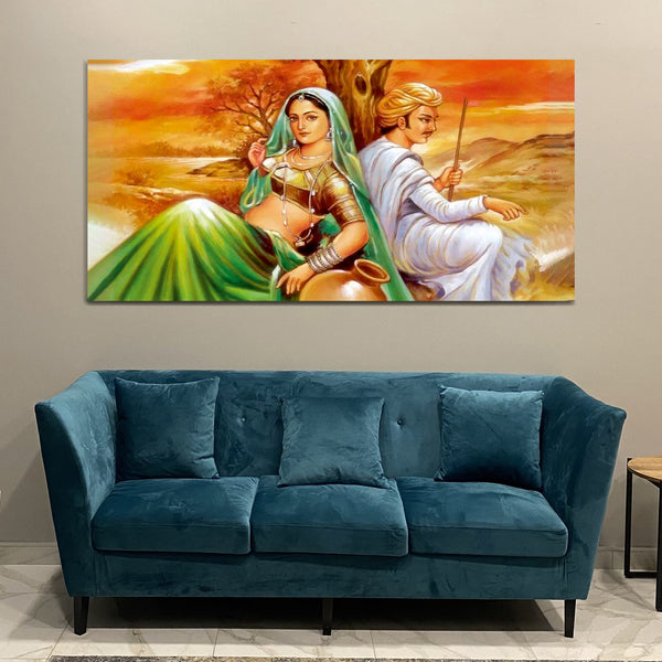 Rajasthani Man & Women Sitting Infront of Tree Modern Canvas Wall Painting