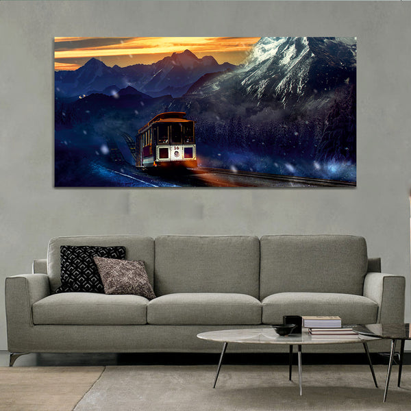 Forest Mountain Travel with Bus Canvas Wall Painting