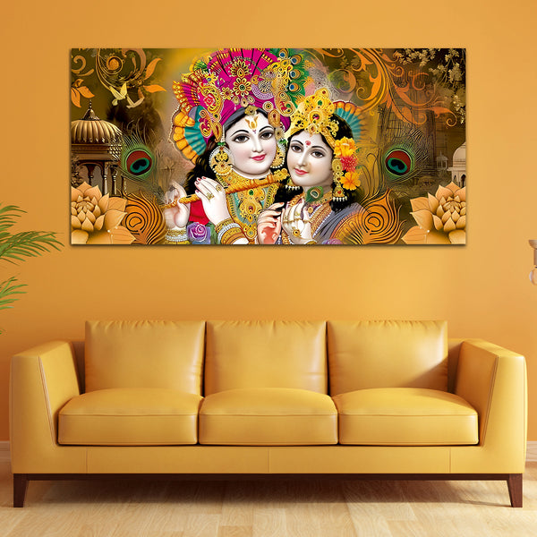 Colorful Wall Painting of Lord Radha Krishna with Flute