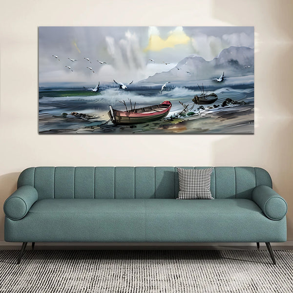 Boat with River Abstract Canvas Wall Painting