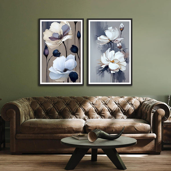 White and Blue Flower with Bud Set of 2 Wall Framnes