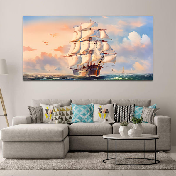 White & Green Sailing Boat Beautiful Canvas Art Wall Painting