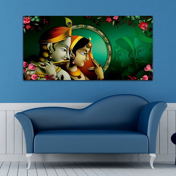 Radha Krishna Abstract Green-Pink Canvas Wall Painting
