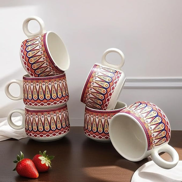 MITHILA HANDICRAFTS Stag Red Ceramic Tea Cups Set of 6 Mugs for Coffee/Hot & Cold/Tea Cup | Ideal Gifts for Birthday, Anniversary, Family & Friend (Multi)