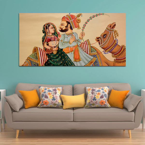Traditional Rajasthani Wall Painting of Camel with King & Queen