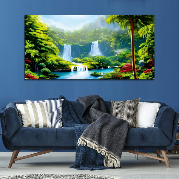 Waterfall Green-off white Canvas Wall Painting