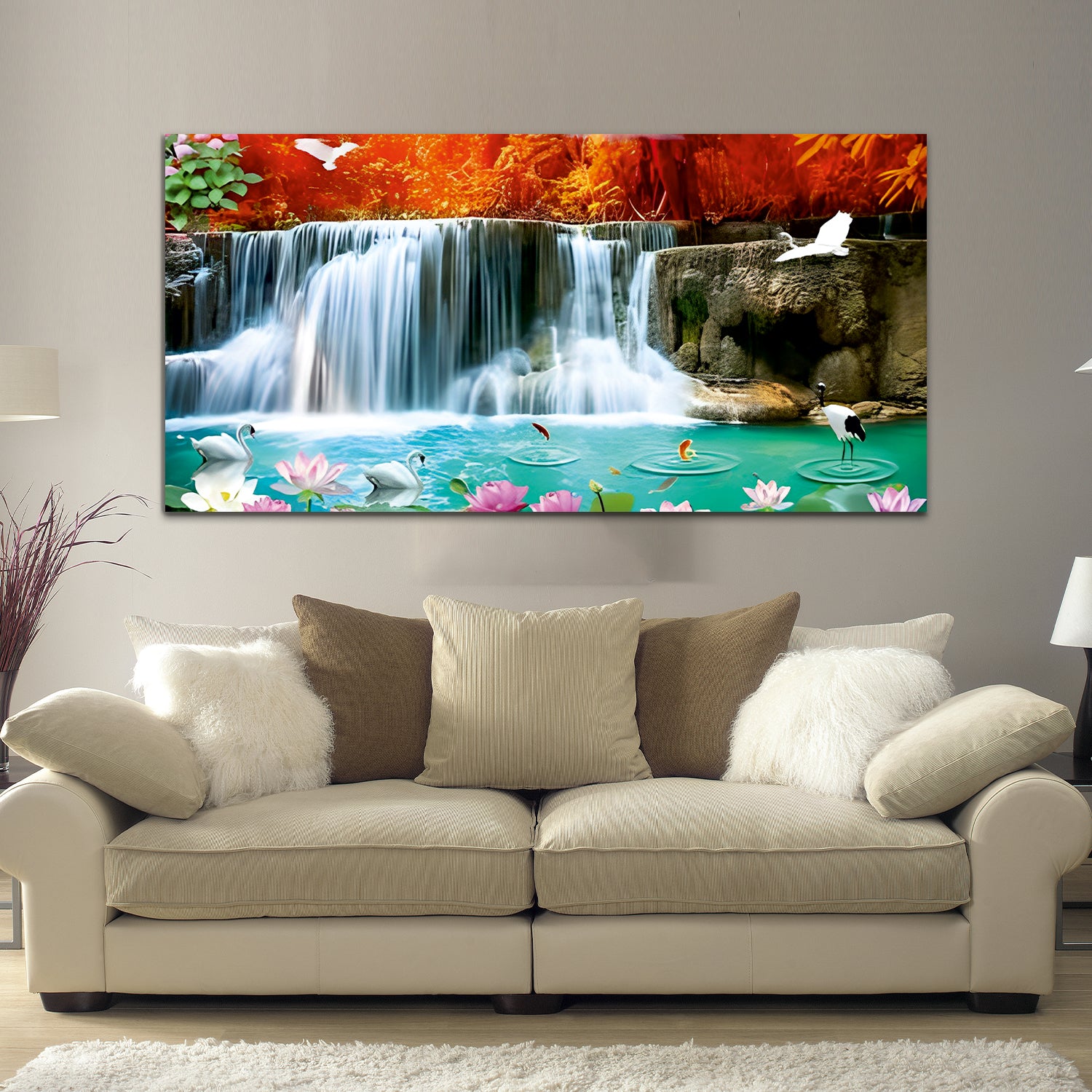 Waterfall Swan Canvas Wall Painting