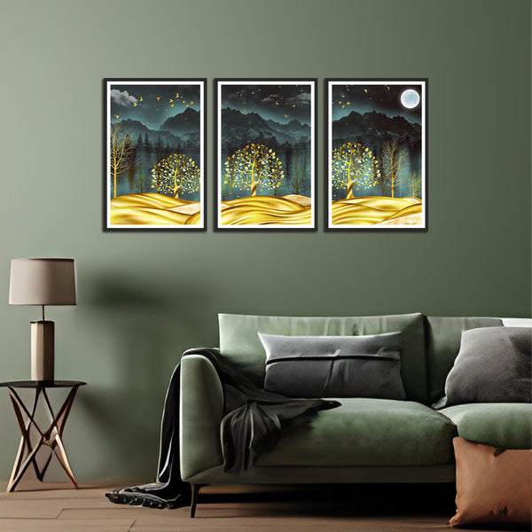 Beautiful Mountain with Forest Abstract Set of 3 Wall Frames
