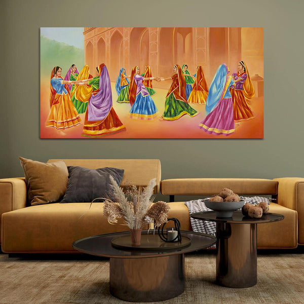 Rajasthani Girls Dancing Hand Painted Canvas Wall Painting