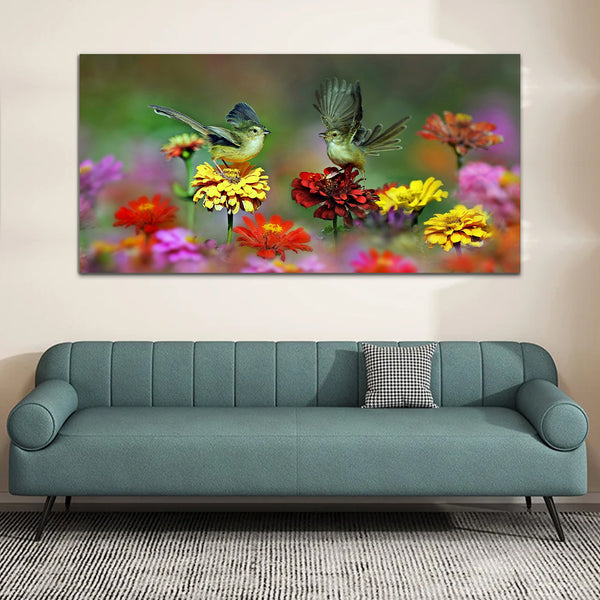 Two Beautiful Birds with Colorful Flower Canvas Wall Paintings