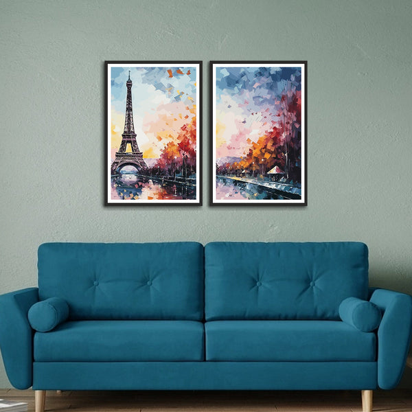 Eiffel Tower with Colorful City Abstract Set of 2 Wall frames