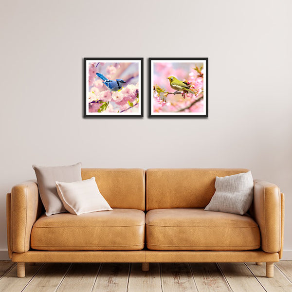 Two Beautiful Birds Sitting at Flower Set of 2 Wall Frames