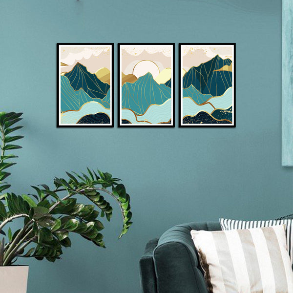 Mountain with Sunrise Abstract Canvas Set of 3 Wall Frame