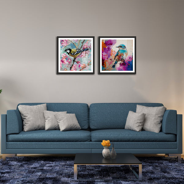 Single Birds Sitting at Tree Abstract Set of 2 Canvas Wall Frame & Art