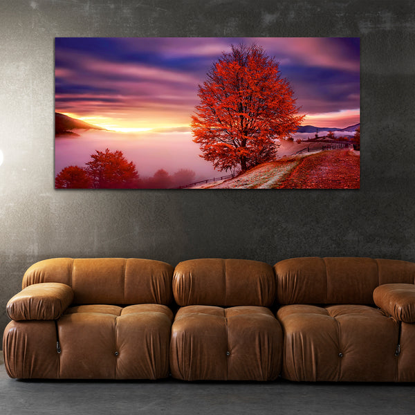 Beautiful Pink Tree with Sunrise Canvas Wall Painting