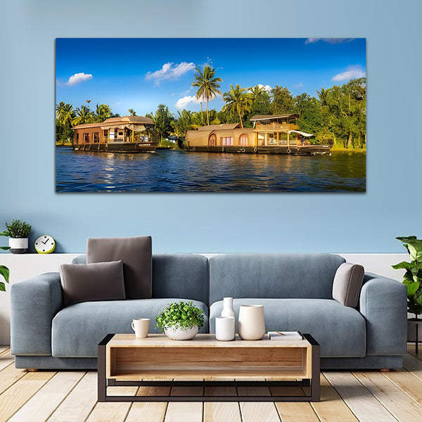 Green & Blue Water House Boat Beautiful Canvas Art Wall Painting