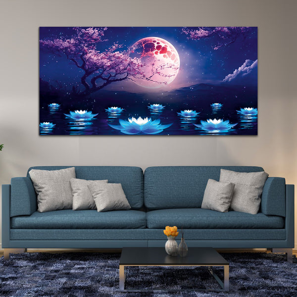 Pink Tree with Dark Night and River Canvas Wall Painting