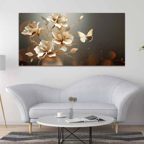 Butterfly With Flower Gold-Black Canvas Wall Painting