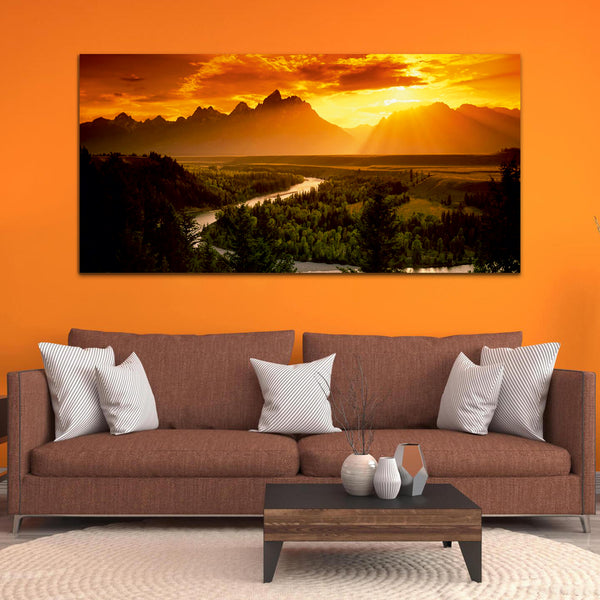 Green Forest with Mountain and Sunrise Wall Painting