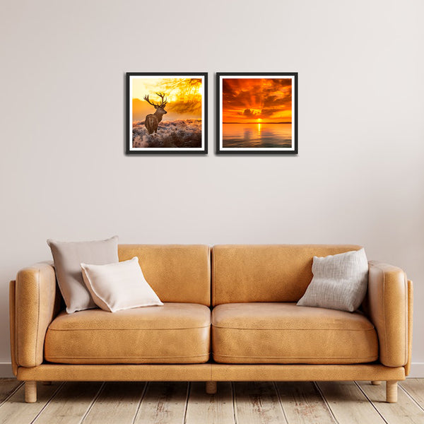 Deer at Forest and Sunset with Water Set of 2 Wall Frames