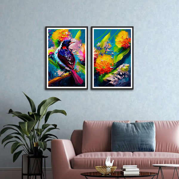 Bird Sitting on Tree Abstract Set of 2 Wall Frames & Art