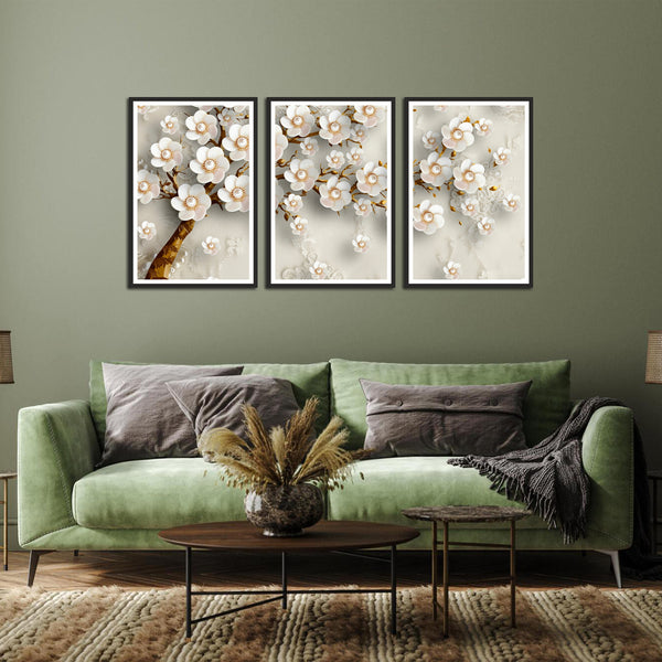 Two Beautiful White Flower Canvas Set of 3 Wall Frame