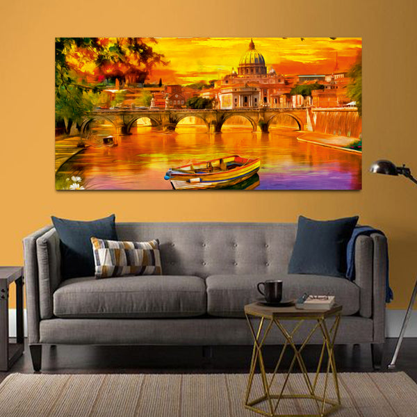 Beautiful City with River and Bridge Canvas Wall Painting
