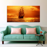 Boat over Water with Sunset Canvas Wall Painting