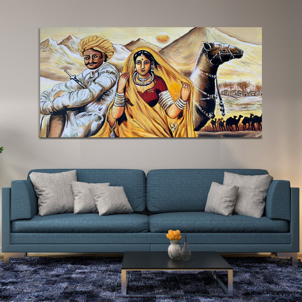 Hand Painted Rajasthani Man & Women Sitting Infront of Camel Modern Canvas Wall Painting