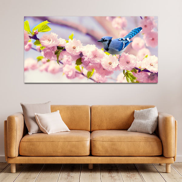 Blue Bird With Pink Flower Canvas Wall Painting