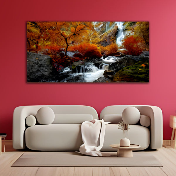 Amazing in Nature, Beautiful Waterfall at Colorful Autumn forest Canvas Wall Painting