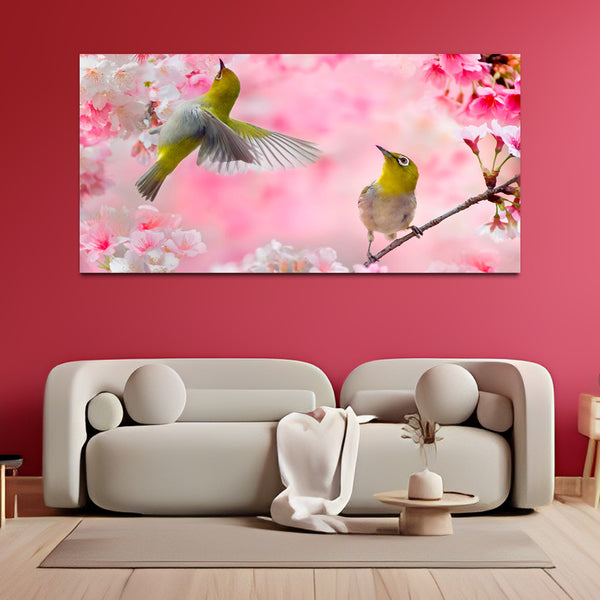 Two Beautiful Yellow  Birds  with Pink Flower Canvas Wall Painting