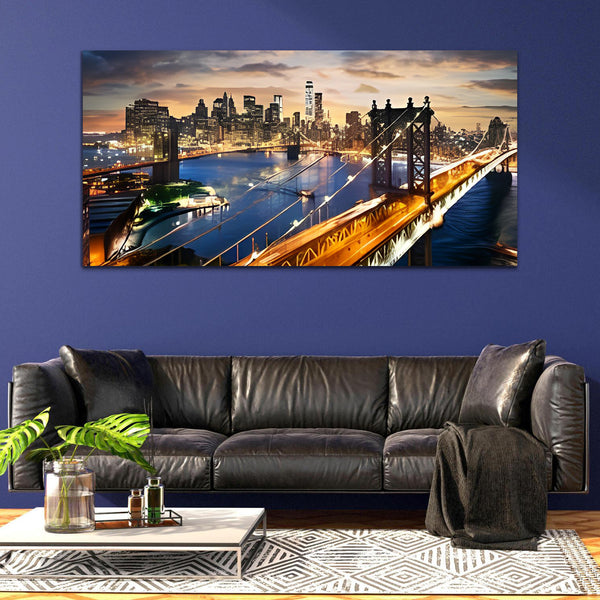 Yellow & Blue Street Bridge Canvas Wall Art Painting