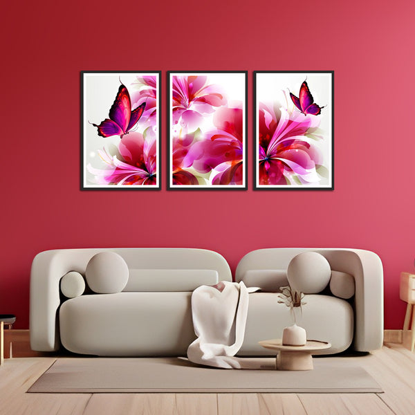 Pink Flower with Pink Butterfly Set of 3 Wall Frames & Art