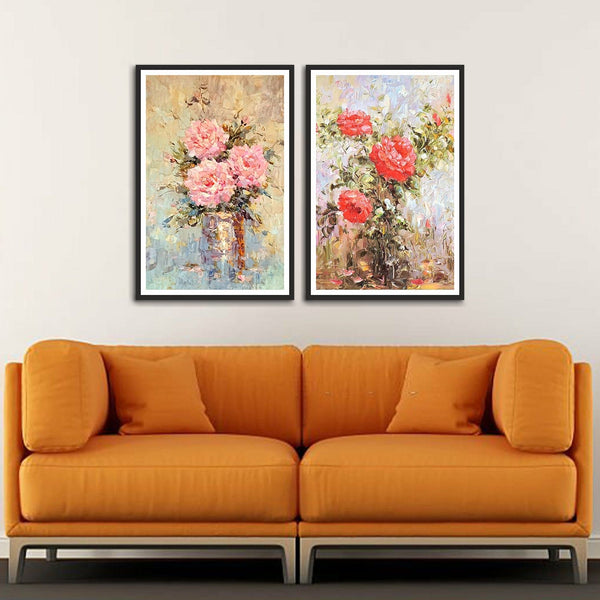 Pink and Red Flower inside Pot  Abstract Set of 2 Wall Frames