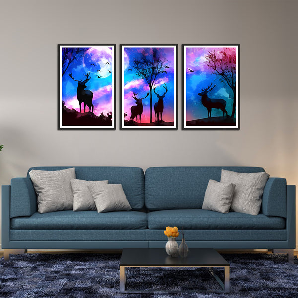Deer in Forest at Meed Night Set of 3 Wall Frames
