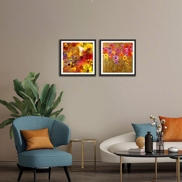 Colorful and yellow Abstract Flower Set of 2 Wall Frames