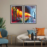 People Walking on Road Colorful Set of 2 Wall Frames