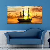Sailing Ship in a Beautiful Golden Sunset Canvas Art Wall Painting