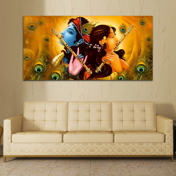 Radha Krishna Yellow-blue Canvas Wall Art Painting