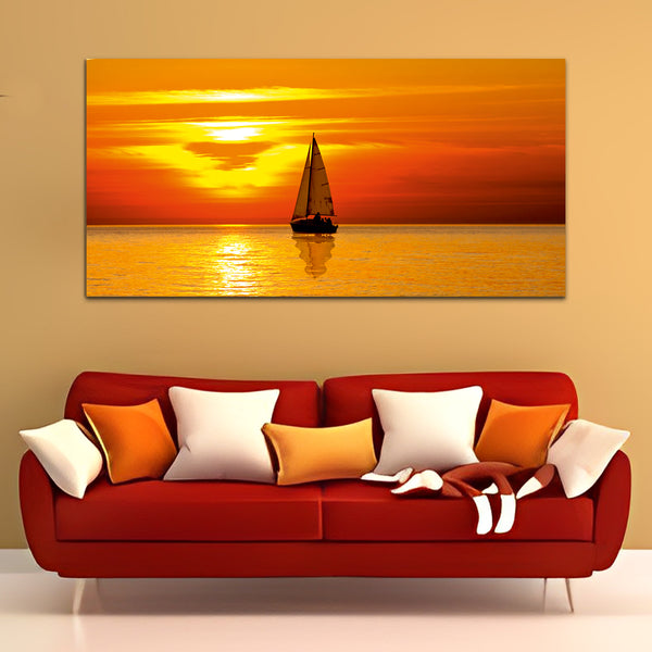 Beautiful Sunset with Boat under River Canvas Wall Painting