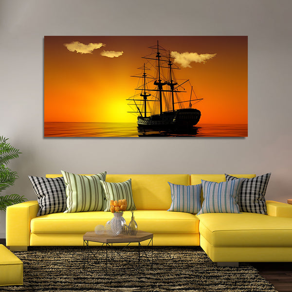 Beautiful Sunrise with Boad over Water Wall Painting