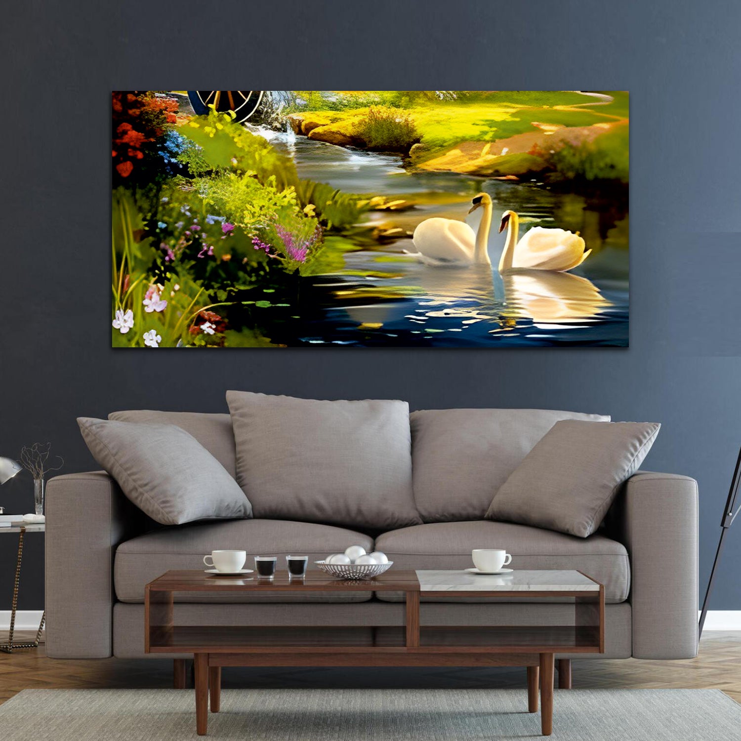 Swans Love river Bed room living room Canvas Wall Painting