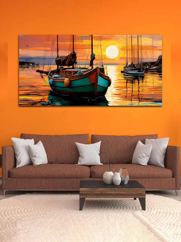 Beautiful Sunset with River and Boat Canvas Wall painting