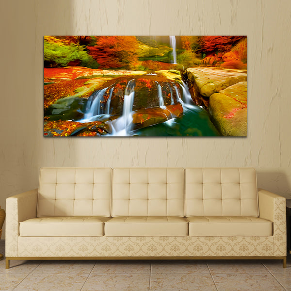 Waterfall Autumn Multicolor Canvas Wall Painting