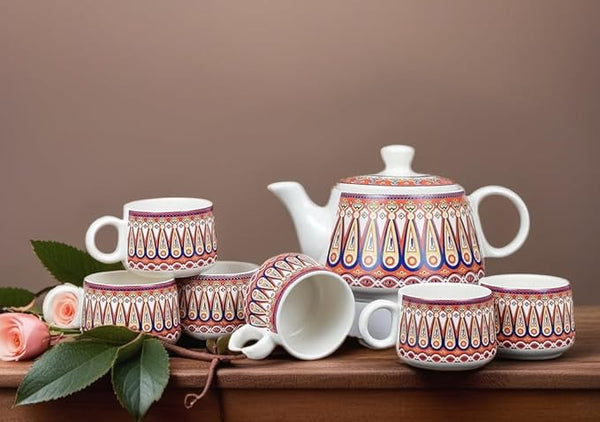 MITHILA HANDICRAFTS Ceramic Tea & Coffee Cups Set of 6 with Kettle, Mugs for Cold & Hot Drinks, Ideal Gift Set for Birthday, Anniversary, Family & Friend (Royal) (6 Cups + 1 Kettle)